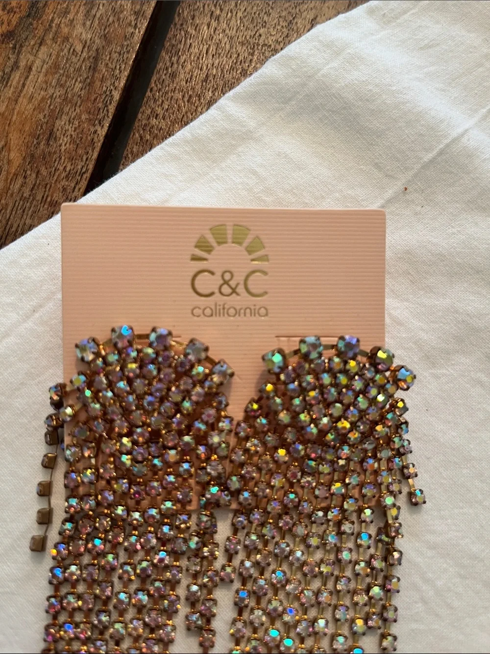 C.C Gold Iridescent Fringe Crystal Drop Earrings